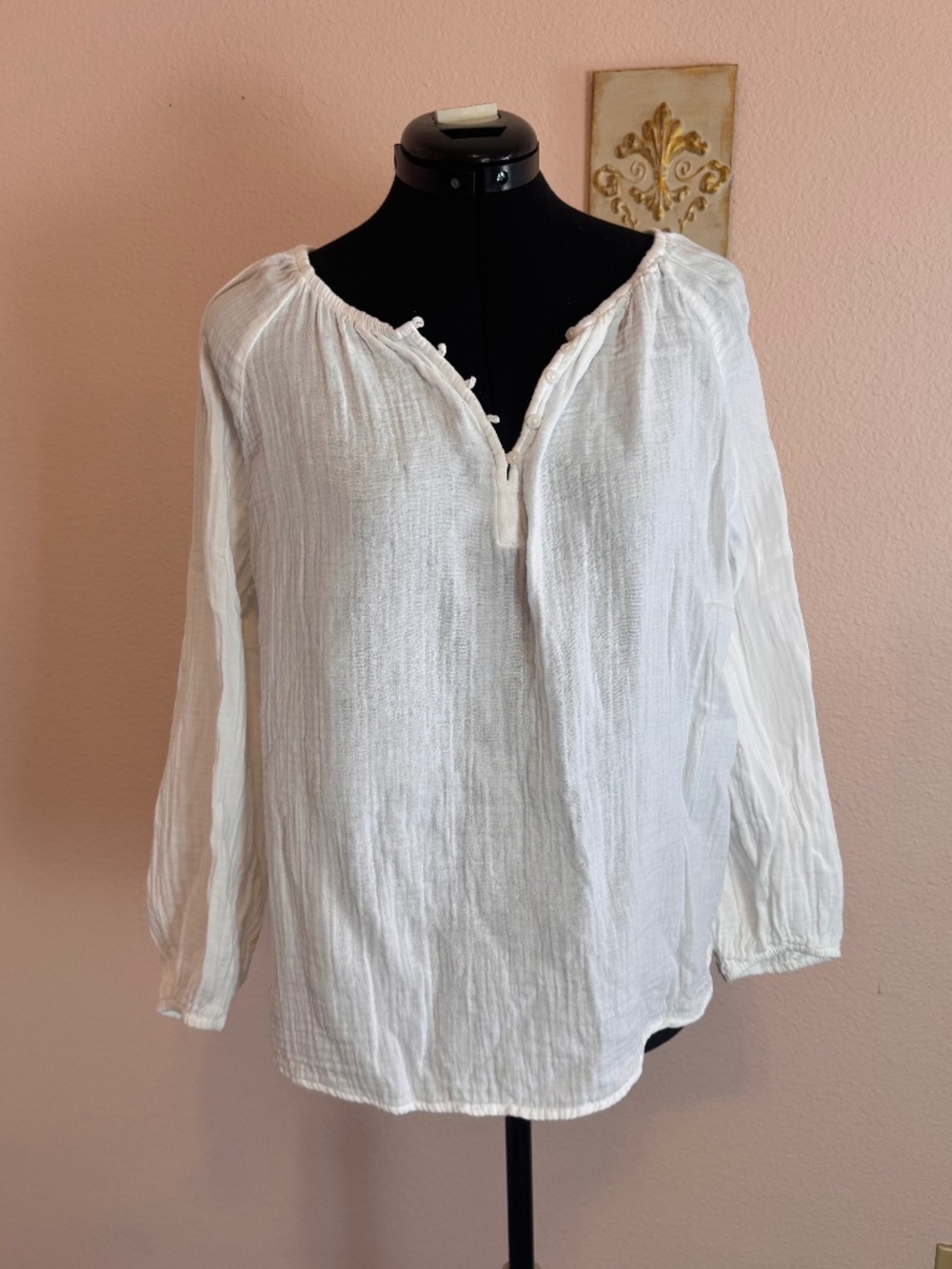 White Cotton Gauzy Crinkle Cloth Split V Peasant Blouse Large Old Navy